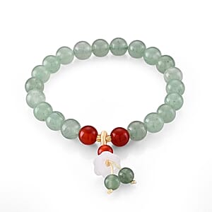 Green Aventurine, Red Agate and Glass 100.00 ctw Beaded Stretch Bracelet in Goldtone (6.25-6.75In)