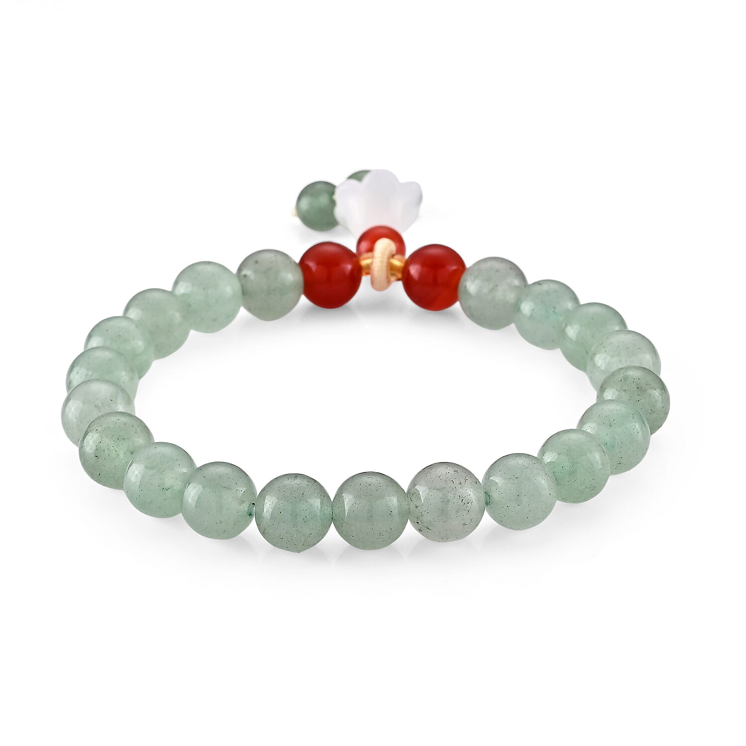 Green Aventurine, Red Agate and Glass 100.00 ctw Flower Drop Beaded Stretch Bracelet in Goldtone (6.25-6.75In)