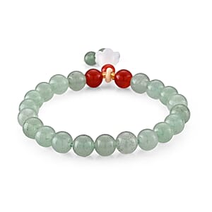 Green Aventurine, Red Agate and Glass 100.00 ctw Beaded Stretch Bracelet in Goldtone (6.25-6.75In)