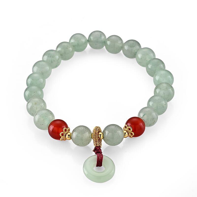 Green Aventurine and Red Agate 20.00 ctw Beaded Stretch Bracelet in Goldtone (6-6.5In)