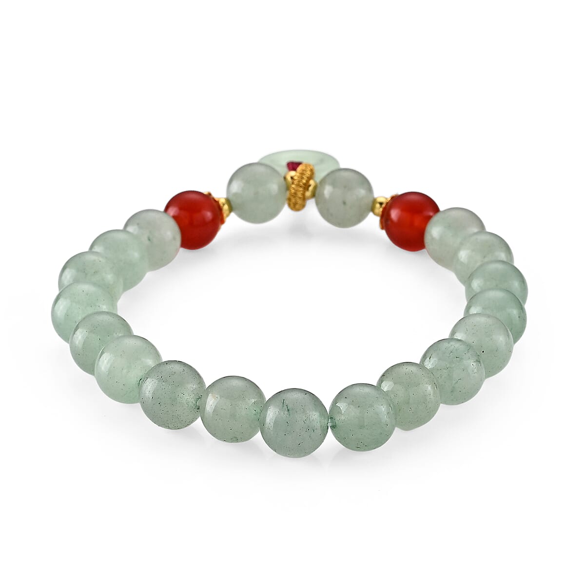 Green Aventurine and Red Agate 20.00 ctw Beaded Stretch Bracelet in Goldtone (6-6.5In) image number 1