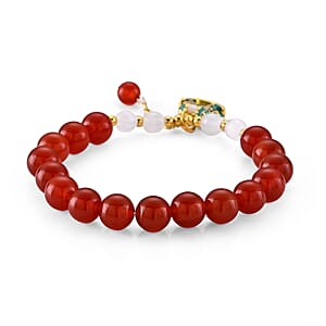 Red Agate 60.00 ctw and Glass Beaded Stretch Bracelet in Goldtone (5.5-6In)