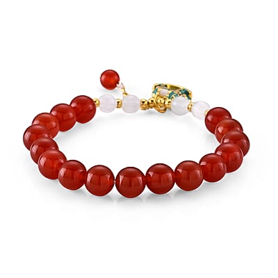 Red Agate 60.00 ctw and Glass Beaded Stretch Bracelet in Goldtone (5.5-6In)