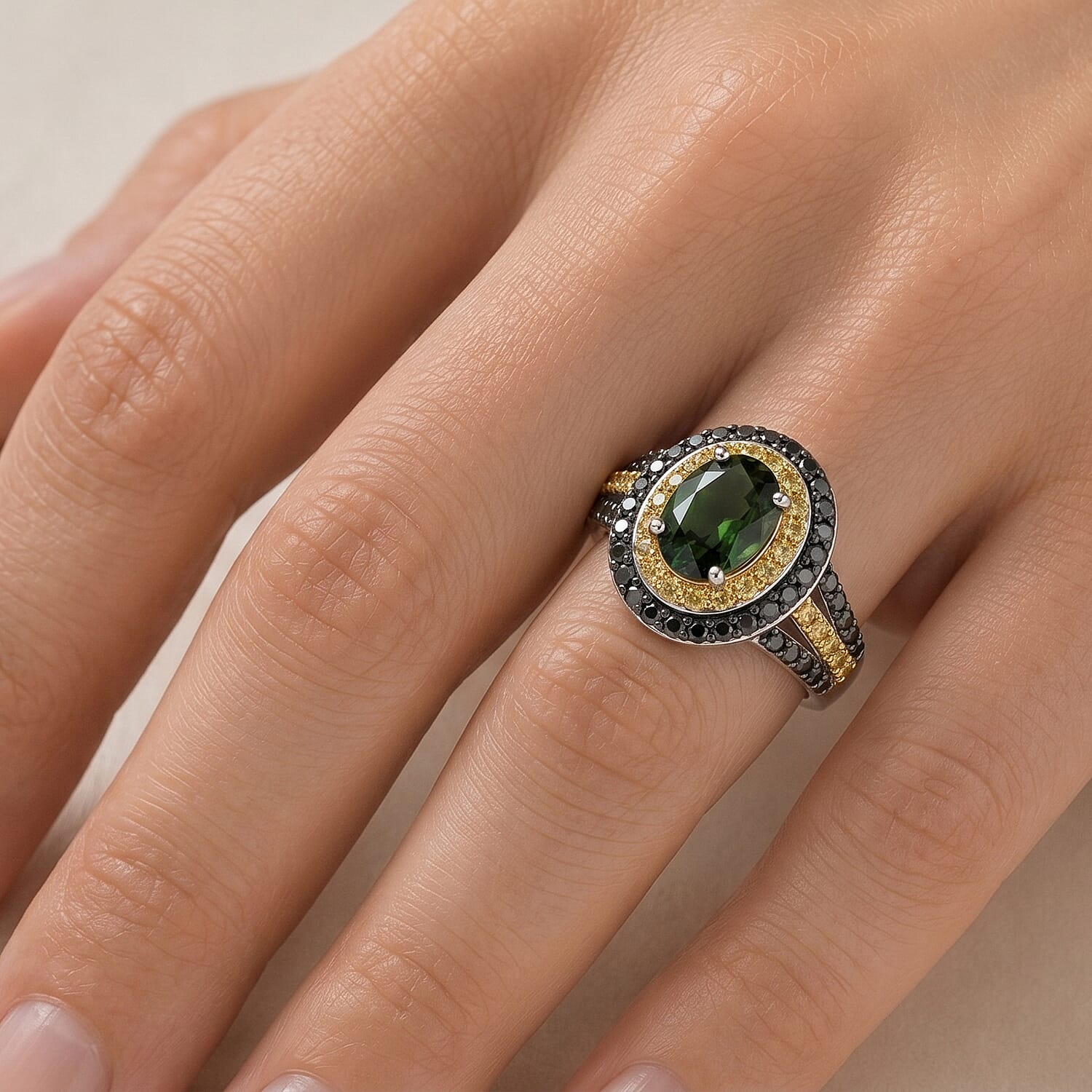 D'Joy Premium Malawi Green and Yellow Sapphire 2.10 ctw Majesty Halo Ring in Rhodium Over Sterling Silver (Size 6.0)