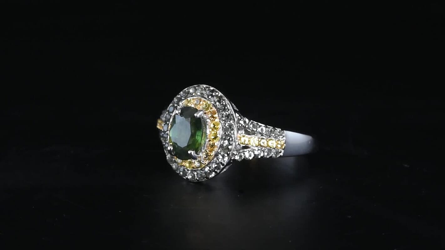 D'Joy Premium Malawi Green and Yellow Sapphire Majesty Halo Ring in Rhodium Over Sterling Silver (Size 10.0) 2.10 ctw