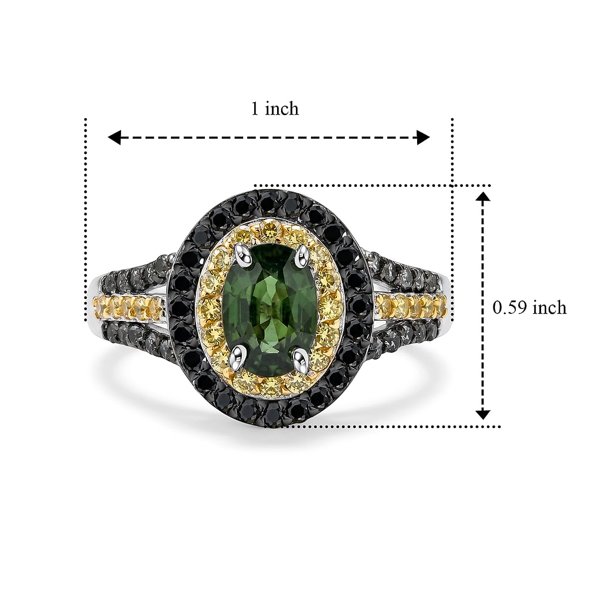 D'Joy Premium Malawi Green and Yellow Sapphire 2.10 ctw Majesty Halo Ring in Rhodium Over Sterling Silver (Size 8.0) image number 5