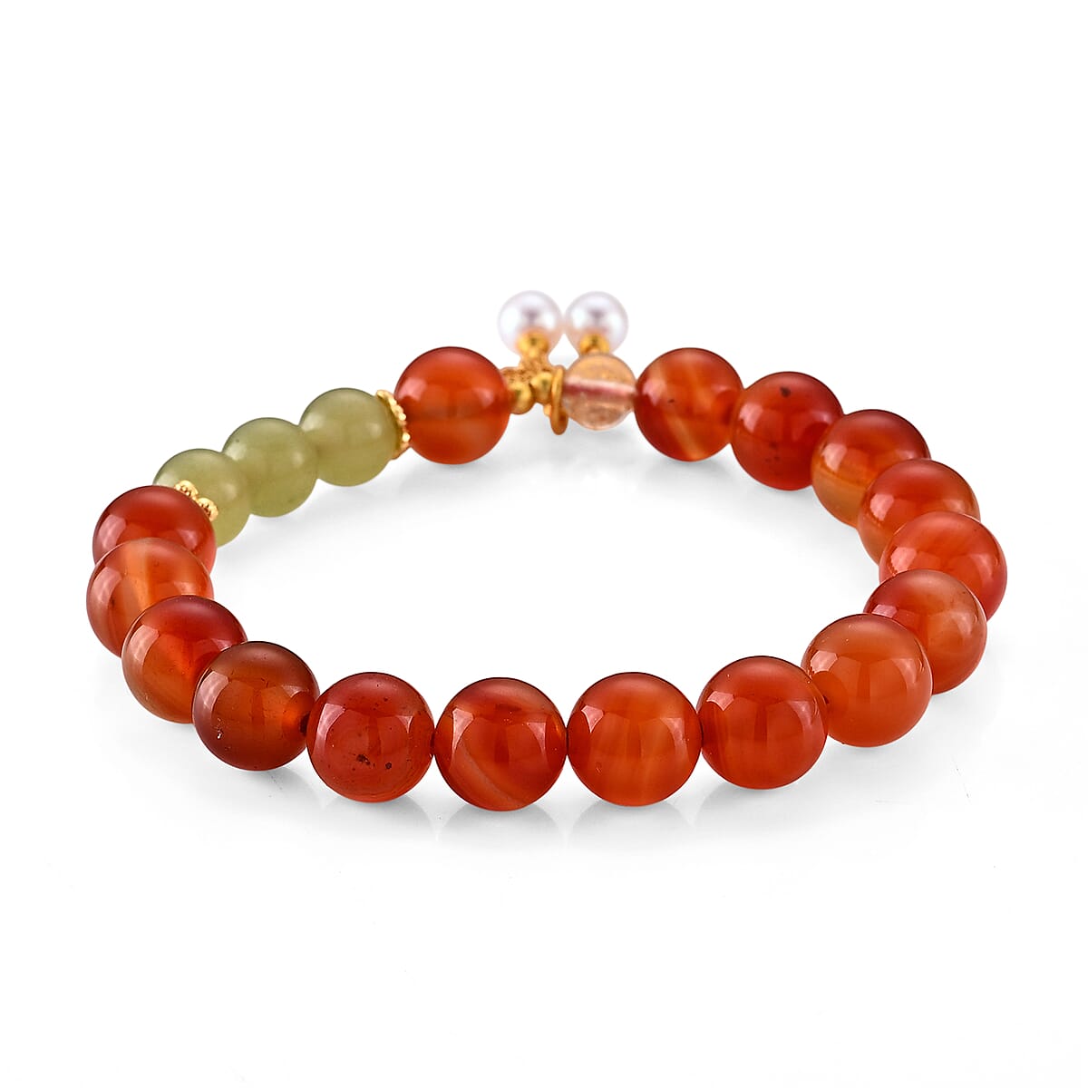 Green Jade and Red Agate 107.00 ctw Bracelet in Goldtone (6.5-7.0In) image number 1