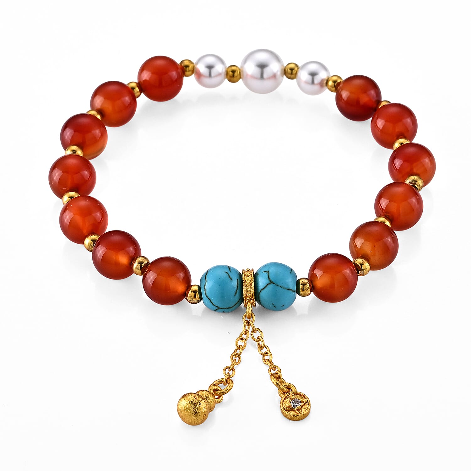 Turquoise and Red Agate 58.00 ctw Bracelet in Goldtone (6-6.5In)