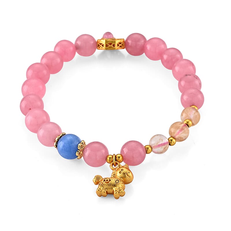 Morro Redondo Pink Tourmaline and Blue Jade 75.00 ctw Bracelet in Goldtone (6-6.5In)