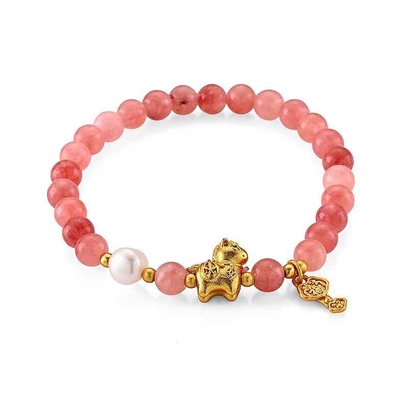Strawberry Quartz and Mother Of Pearl 50.00 ctw Bracelet in Goldtone (6.25-6.75In)