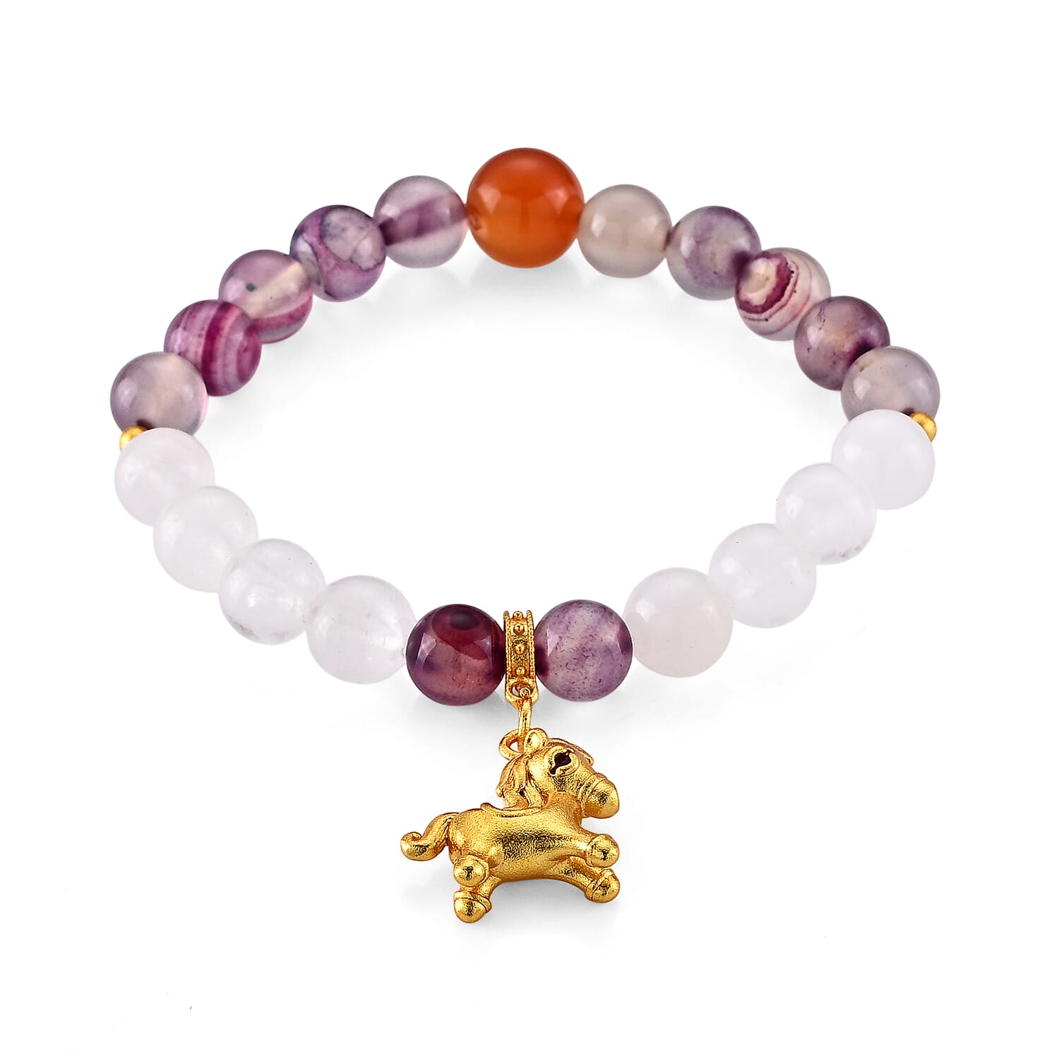 Multi Gemstone 95.00 ctw Beaded Stretch Bracelet with Horse Charm in Goldtone
