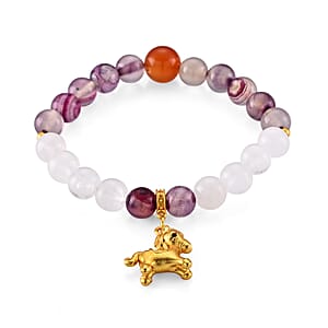 Multi Gemstone 95.00 ctw Beaded Stretch Bracelet with Horse Charm in Goldtone