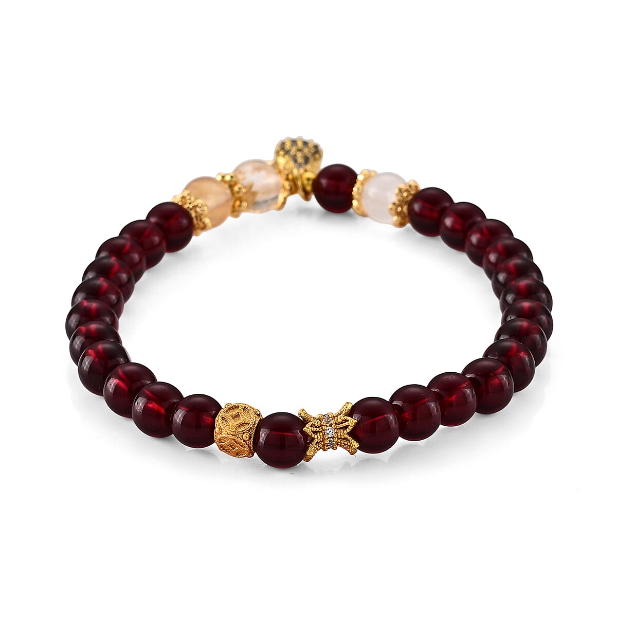 Red Garnet 80.00 ctw and Austrian Pink Crystal Beaded Bracelet in Goldtone (6.25-6.75In) image number 1