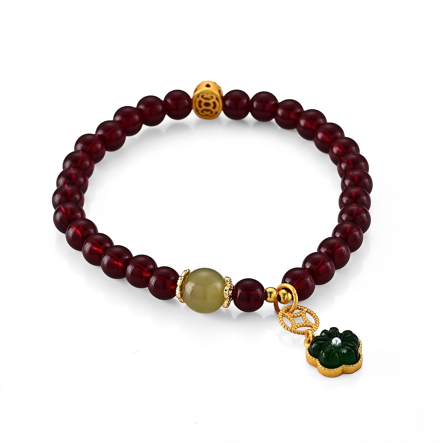 Red Garnet and Green Jade 85.00 ctw Beaded Bracelet in Goldtone (6.5-7In)