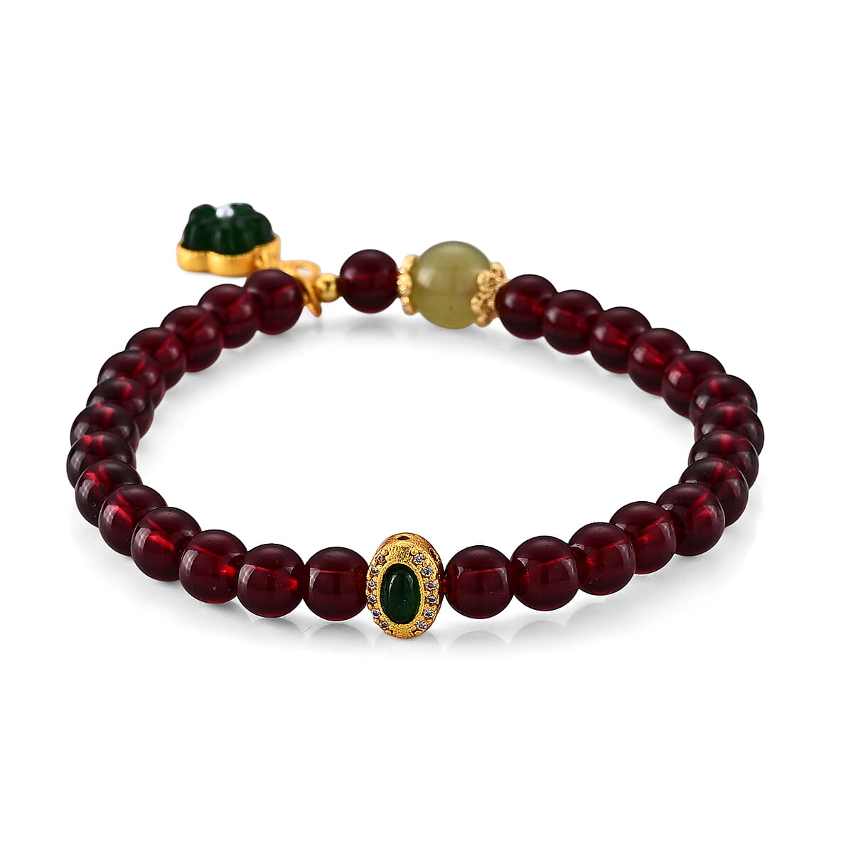 Red Garnet and Green Jade 85.00 ctw Beaded Bracelet in Goldtone (6.5-7In) image number 1