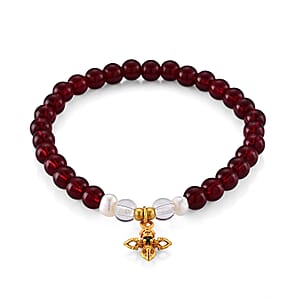 Red Garnet 80.00 ctw and Austrian Crystal Beaded Bracelet in Goldtone (6.25-6.75In)
