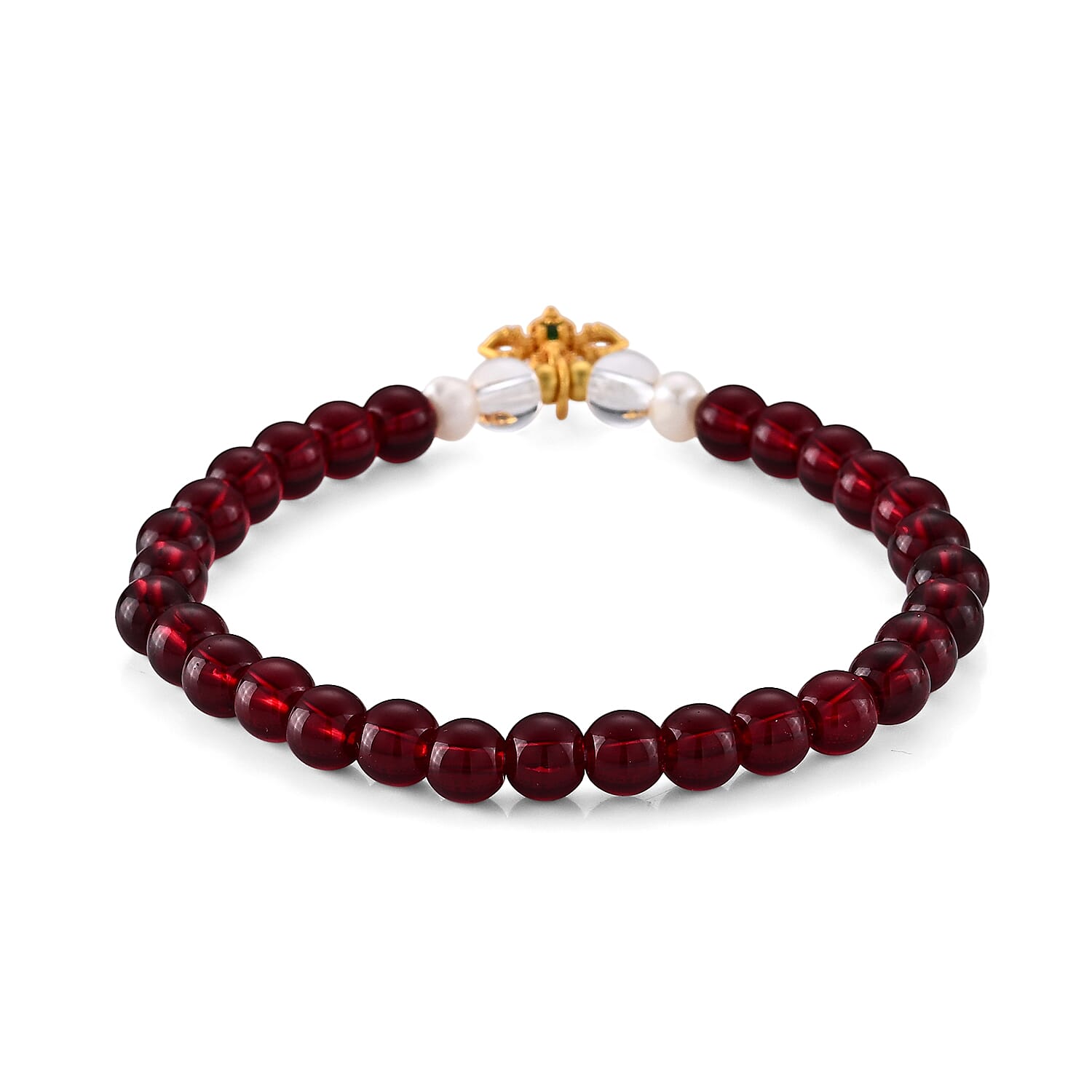 Red Garnet 80.00 ctw and Austrian Crystal Beaded Bracelet in Goldtone (6.25-6.75In)