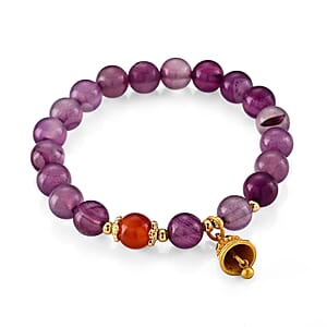 African Amethyst and Red Agate 65.00 ctw Beaded Stretch Bracelet in Goldtone (6-6.5In)