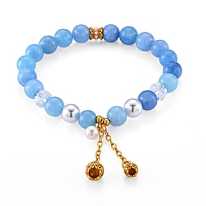 Blue Jade Beaded 75.00 ctw and Simulated Pearl Stretch Bracelet in Goldtone (6-6.5In)