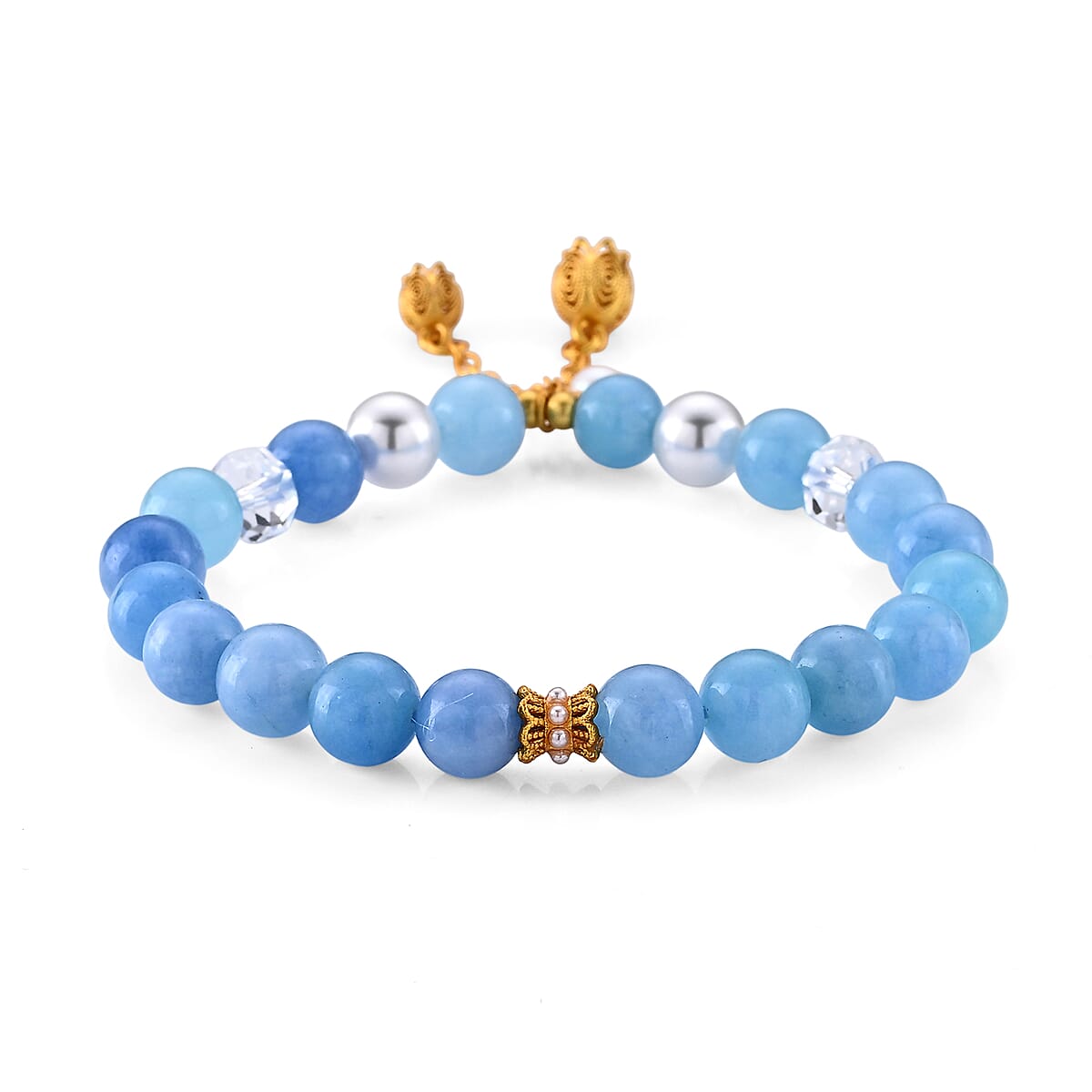 Blue Jade Beaded 75.00 ctw and Simulated Pearl Stretch Bracelet in Goldtone (6-6.5In) image number 1