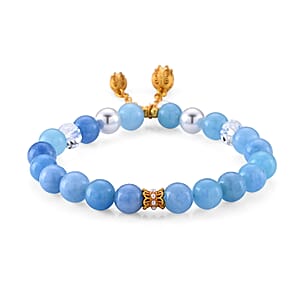 Blue Jade Beaded 75.00 ctw and Simulated Pearl Stretch Bracelet in Goldtone (6-6.5In)