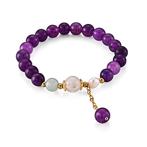 Amethyst and Green Aventurine 75.00 ctw Beaded Stretch Bracelet in Goldtone (6-6.5In)