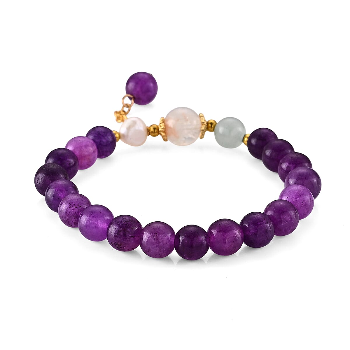 Amethyst and Green Aventurine 75.00 ctw Beaded Stretch Bracelet in Goldtone (6-6.5In) image number 1
