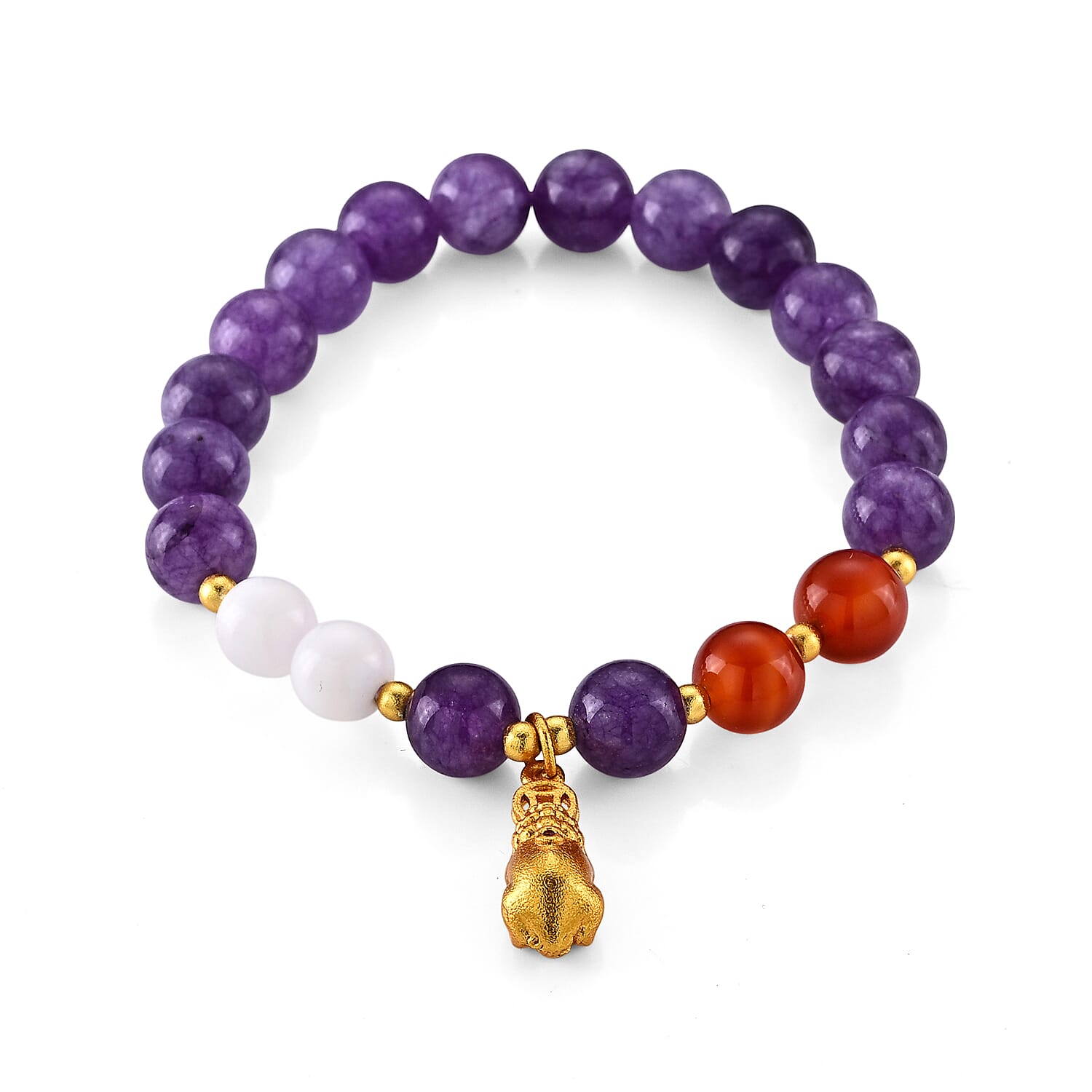 Amethyst and Red Agate 68.00 ctw Beaded Stretch Bracelet in Goldtone (6-6.5In)