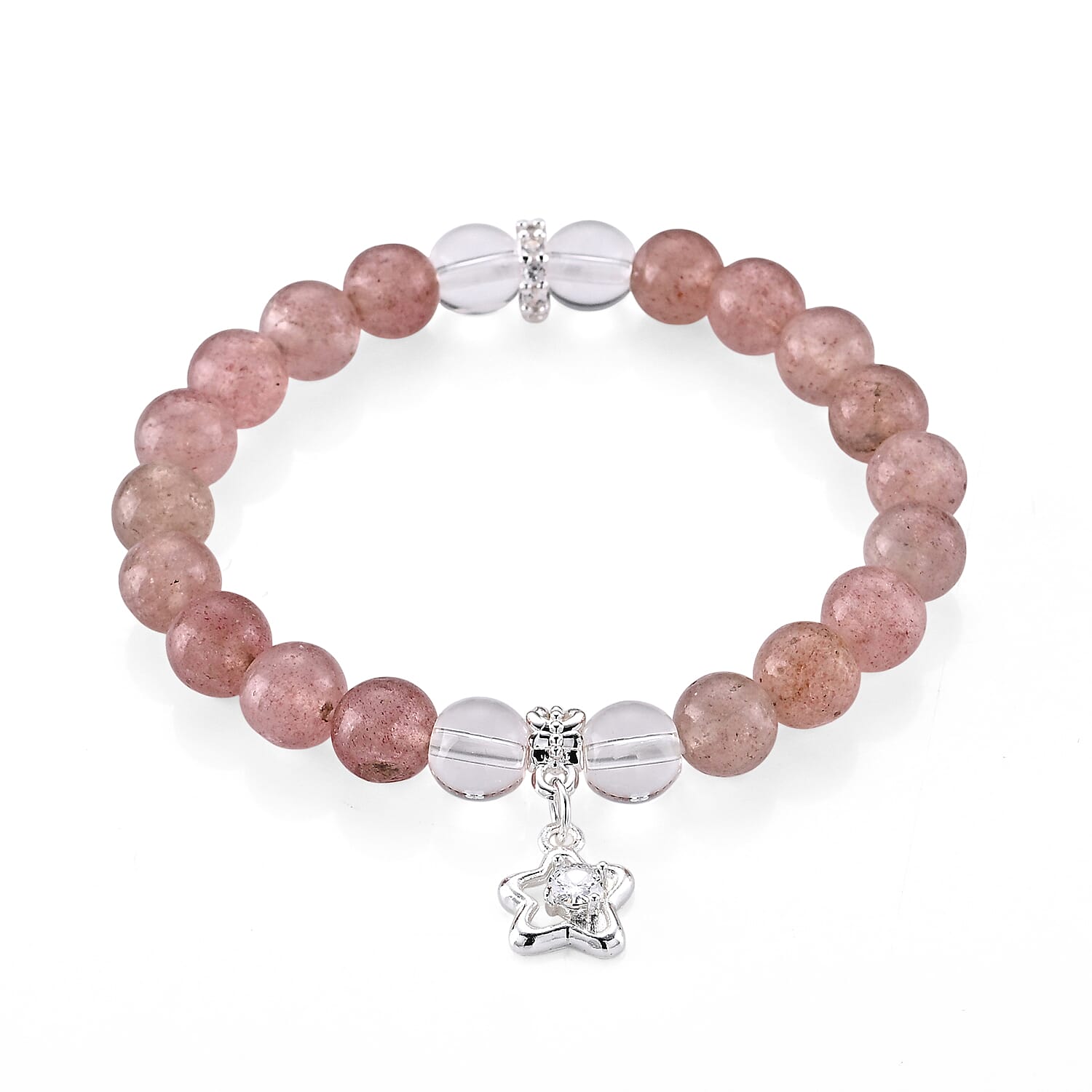 Strawberry Quartz and Austrian Crystal 85.00 ctw Beaded Stretch Bracelet in Silvertone (6-6.5In)