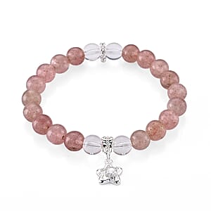 Strawberry Quartz and Austrian Crystal 85.00 ctw Beaded Stretch Bracelet in Silvertone (6-6.5In)