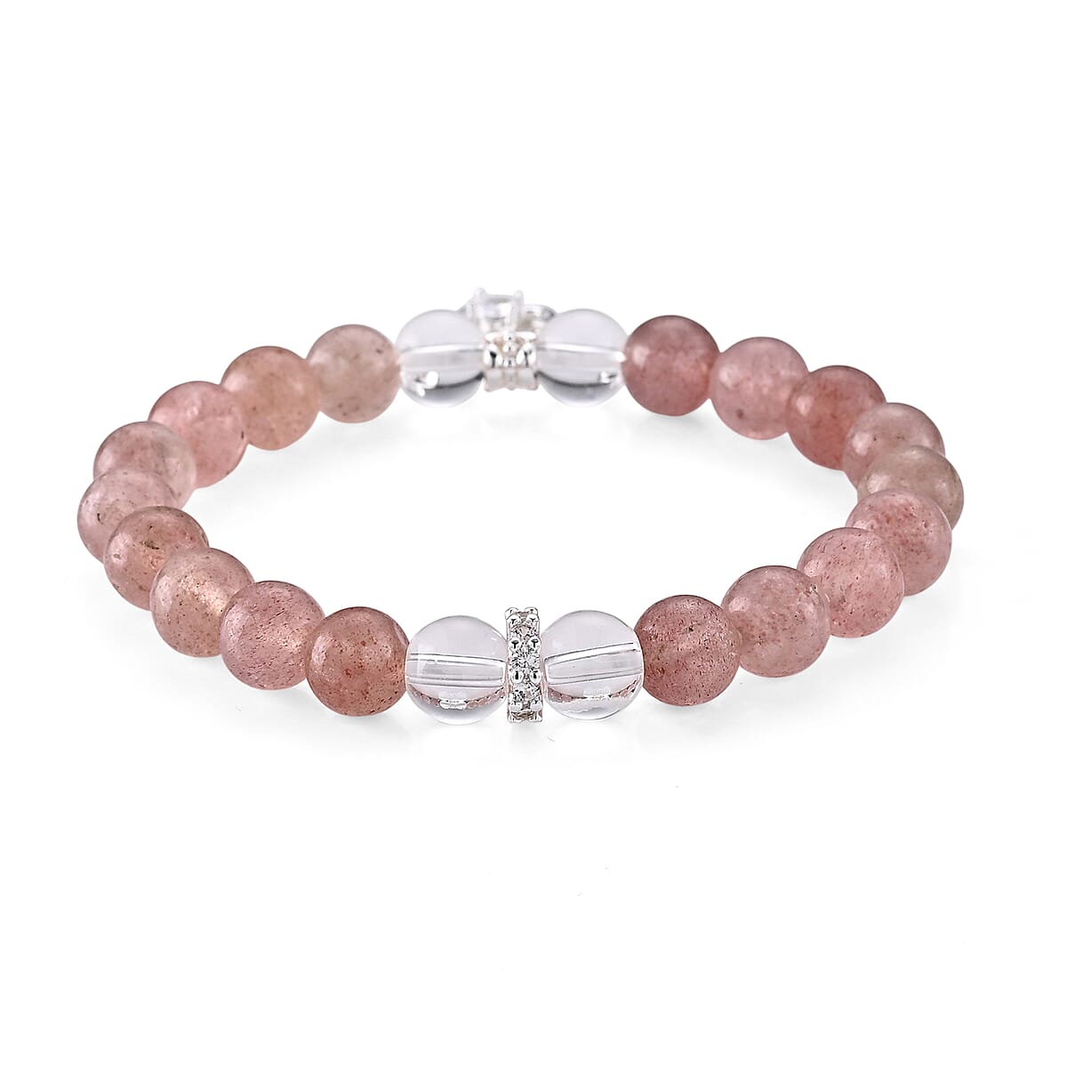 Strawberry Quartz and Austrian Crystal 85.00 ctw Beaded Stretch Bracelet in Silvertone (6-6.5In) image number 1