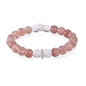 Strawberry Quartz and Austrian Crystal 85.00 ctw Beaded Stretch Bracelet in Silvertone (6-6.5In)