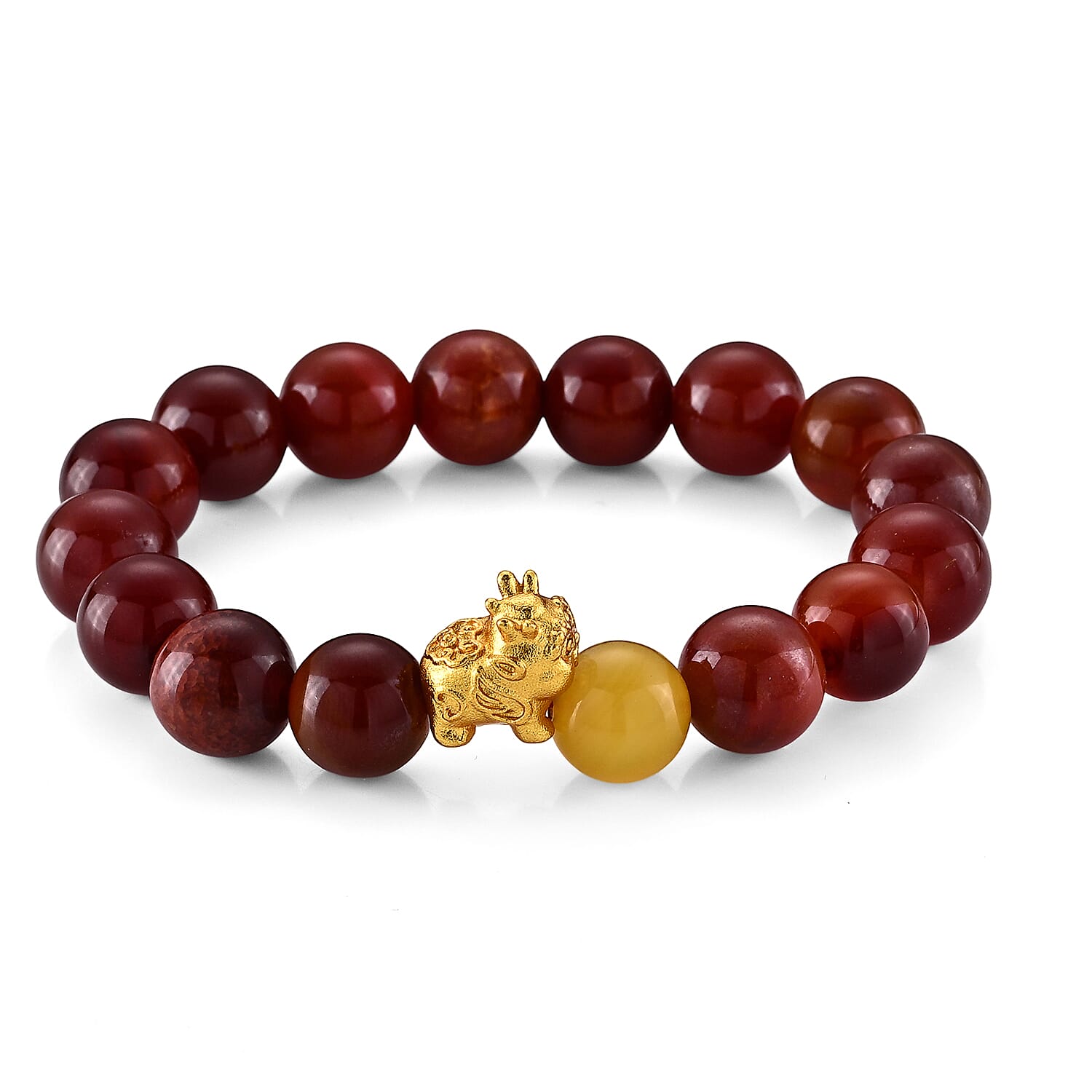 Yellow and Red Agate 125.00 ctw Beaded Stretch Bracelet in Silvertone (5.5-6In)