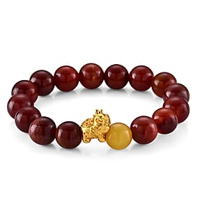 Yellow and Red Agate 125.00 ctw Beaded Stretch Bracelet in Silvertone (5.5-6In)
