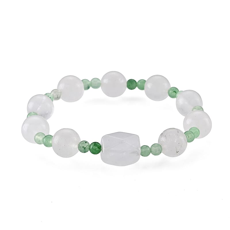 White Crystal Quartz and Green Quartz 75.00 ctw Beaded Stretch Bracelet