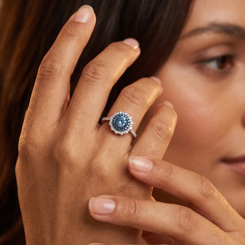 Luxuriant Lab Grown Blue Diamond (IR), Lab Grown Diamond (SI) Ring in Rhodium Over Sterling Silver (Size 5.0) 1.00 ctw