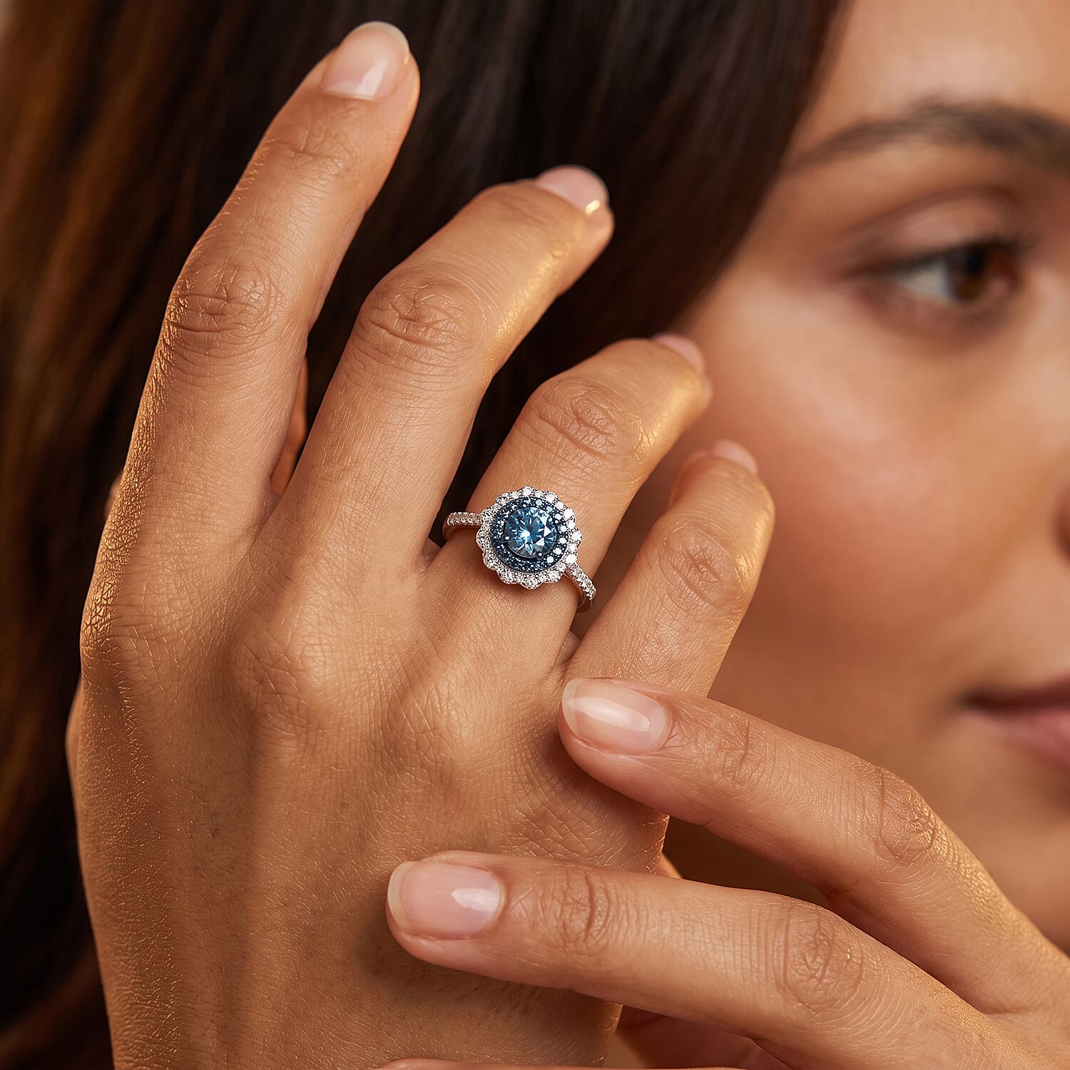 Luxuriant Lab Grown Blue Diamond IR and Lab Grown Diamond SI 1.00 ctw Ring in Rhodium Over Sterling Silver (Size 7.0)