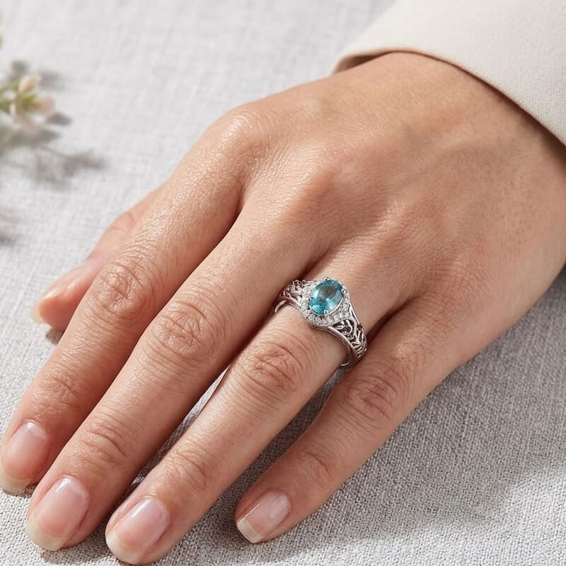 D'Joy Premium Paraiba Apatite and Multi Gemstone 1.25 ctw Ocean Flora Ring in Rhodium Over Sterling Silver (Size 5.0)