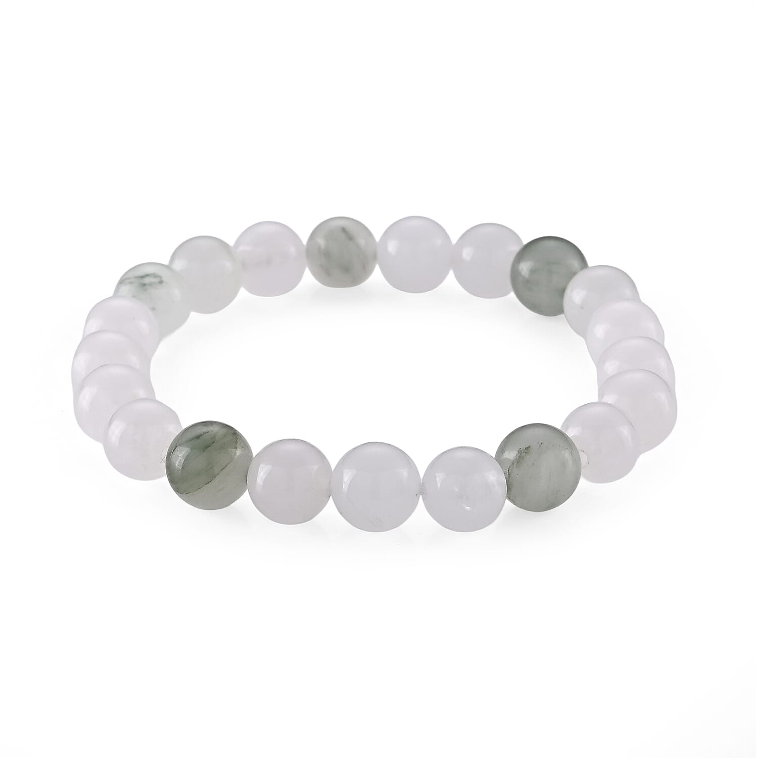 Green and White Jade 73.00 ctw Beaded Stretch Bracelet (6-6.5In)