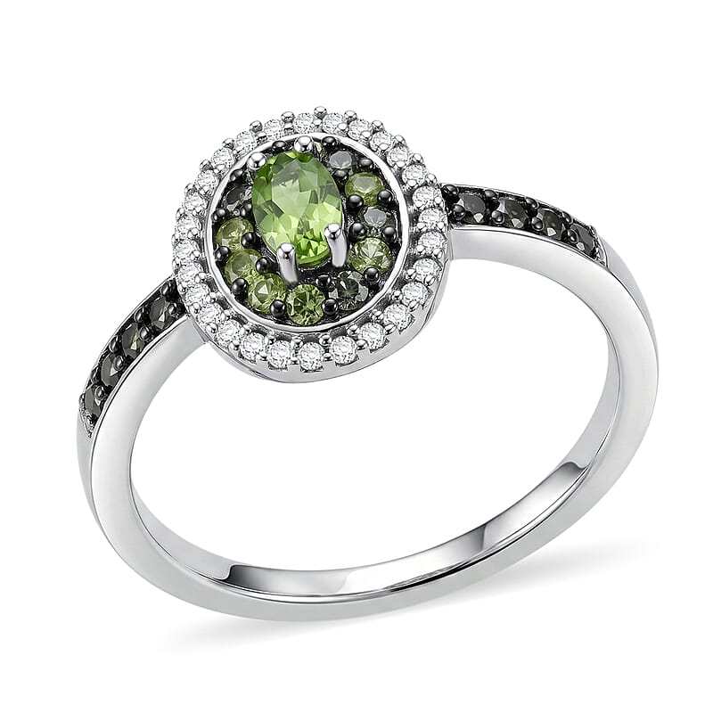 D'Joy Premium Milanoa Green Sapphire, White Zircon 1.00 ctw Royal Circle Halo Ring in Rhodium Over Sterling Silver (Size 5.0)