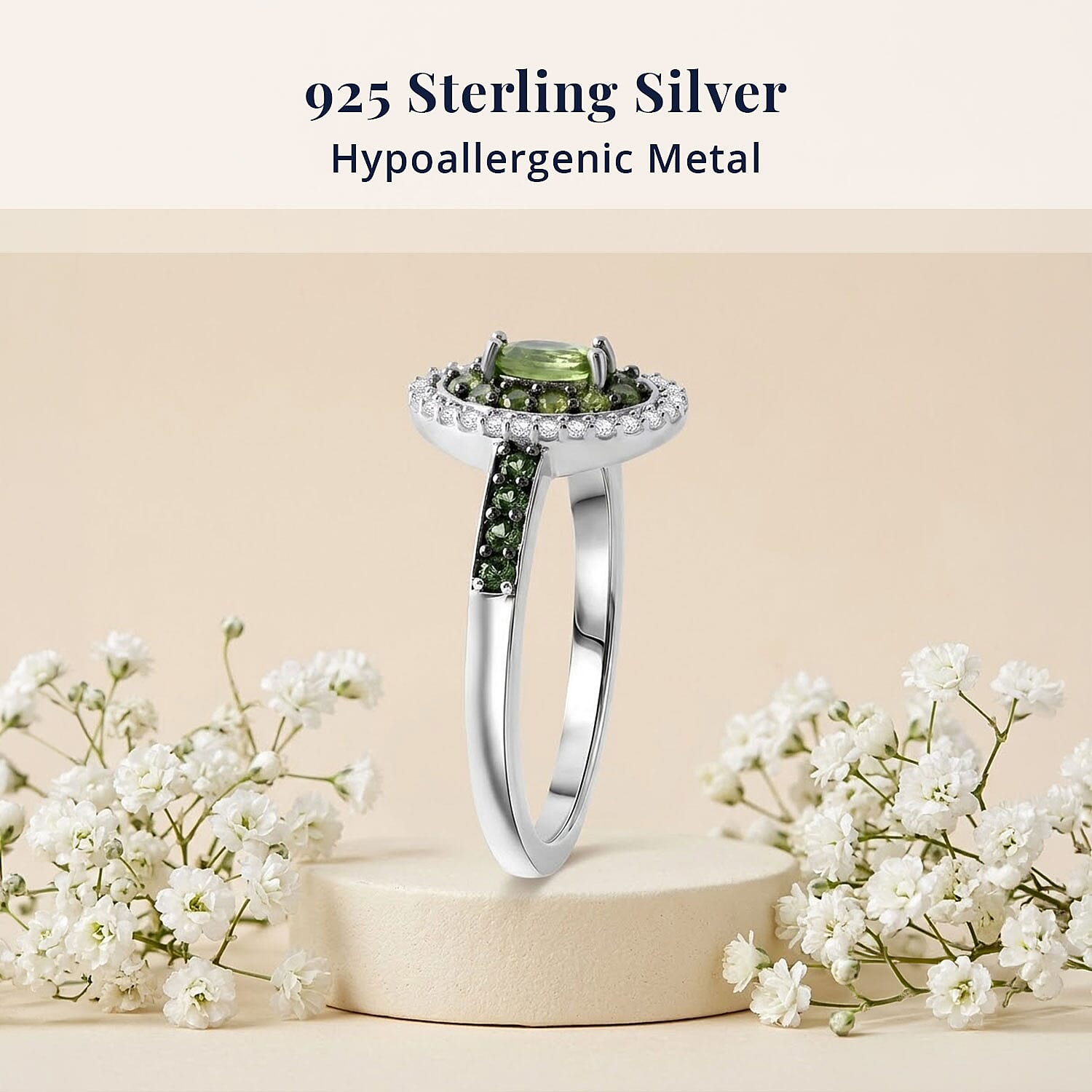 D'Joy Premium Milanoa Green Sapphire, White Zircon 1.00 ctw Royal Circle Halo Ring in Rhodium Over Sterling Silver (Size 5.0)