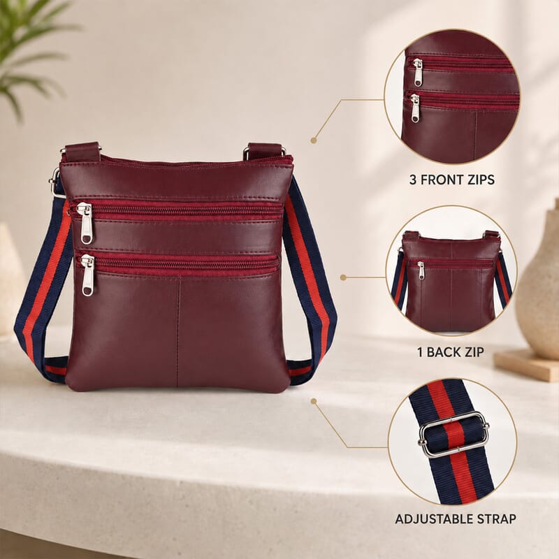 La Marey Burgundy Genuine Leather Crossbody Bag with Triple Zipper Front Pocket
