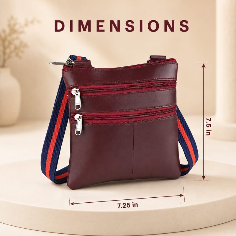 La Marey Burgundy Genuine Leather Crossbody Bag with Triple Zipper Front Pocket