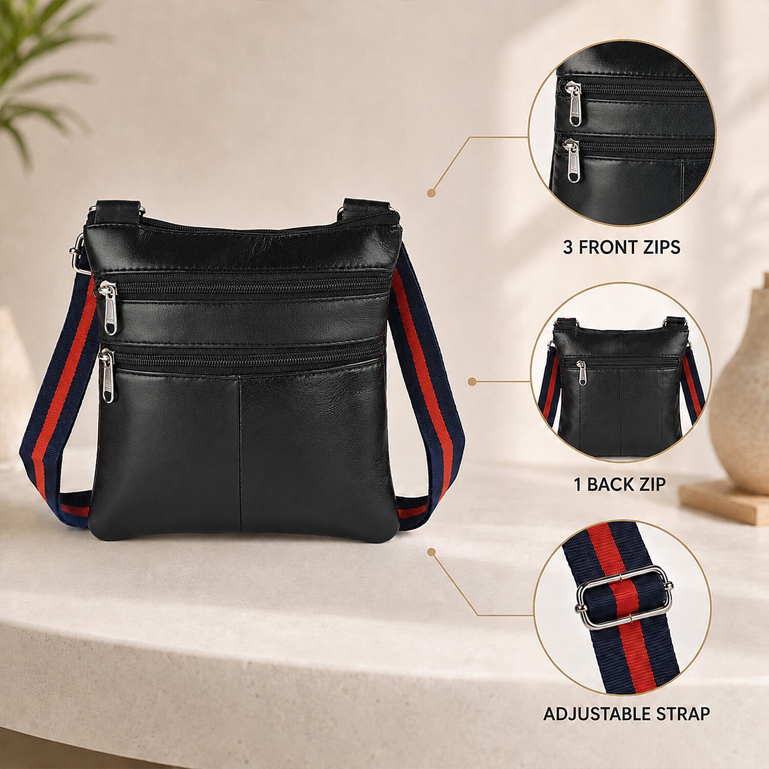 La Marey Black Genuine Leather Crossbody Bag with Double Zipper