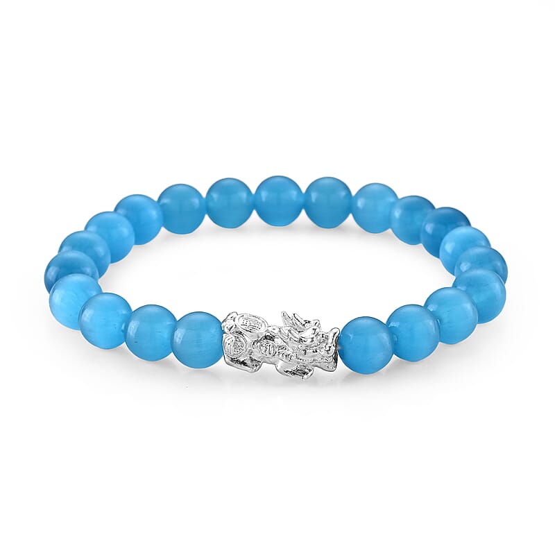 Lab Created Blue Cat's Eye 65.00 ctw Bracelet with Pixiu Charm in Sterling Silver (6.00-6.50In)