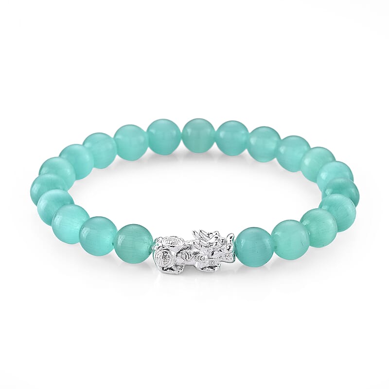 Lab Created Green Cat's Eye 65.00 ctw Bracelet with Pixiu Charm in Sterling Silver (6.25-6.75In)