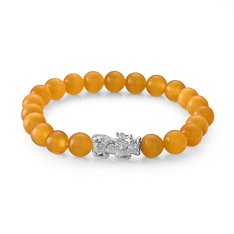 Lab Created Orange Cat's Eye 65.00 ctw Bracelet with Pixiu Charm in Sterling Silver (6.00-6.50In)