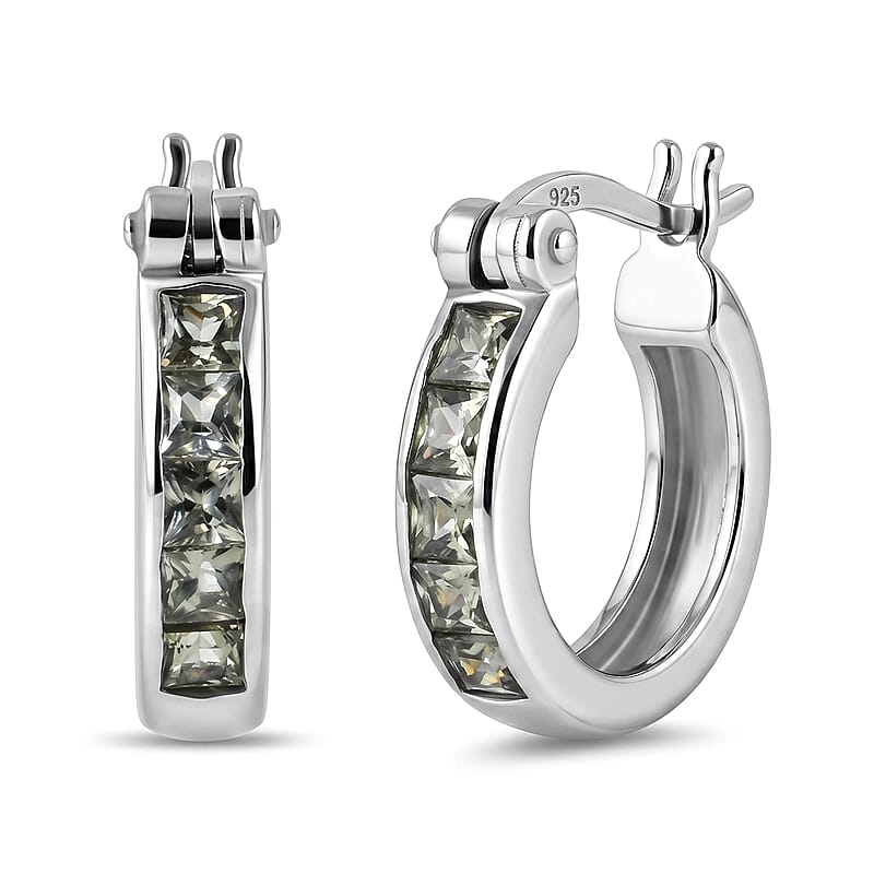 D'Joy Premium Milanoa Green Sapphire 0.90 ctw Empress Hoop Earrings in Rhodium Over Sterling Silver