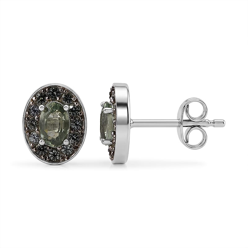 D'Joy Premium Milanoa Green Sapphire 1.00 ctw Royal Circle Halo Earrings in Rhodium Over Sterling Silver