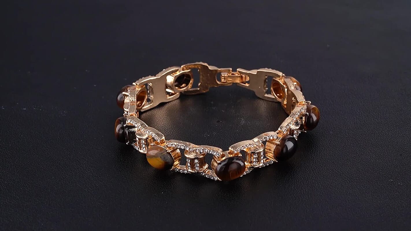 Yellow Tigers Eye, Austrian Crystal Classic Link Bolo Bracelet in Goldtone 6.00 ctw